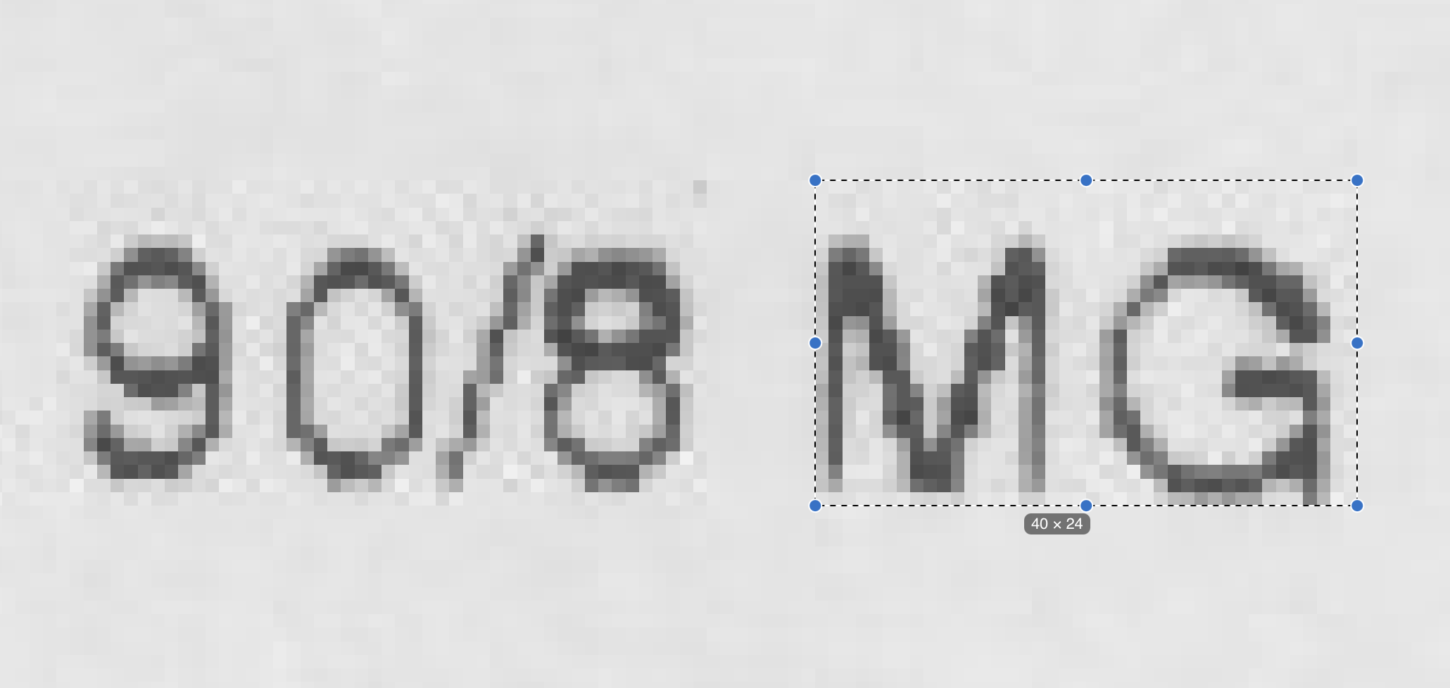 Heavily enlarged crop of the printed text '90/8 MG' from a 300 dpi scan saved as TIFF by Image Capture. The pixels form visible blocks, and the letter edges are smeared with speckled noise.
