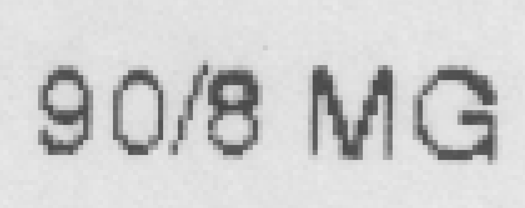 Heavily enlarged crop of the same printed text '90/8 MG' scanned with SANE scanimage. The letter edges are cleaner and the paper background is smooth.